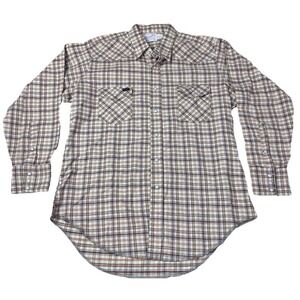 Vintage Wrangler Western Shirt Men Size 17 X 34 Flannel  Pearl Snap Long Tail